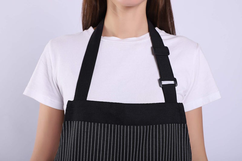 ALIPOBO Aprons for Women and Men, Kitchen Chef Apron with 2 Pockets and 40" Long Ties, Adjustable Bib Apron for Cooking, Serving - 32" x 28" - Black/White Pinstripe - 1 Pcs - Image 4